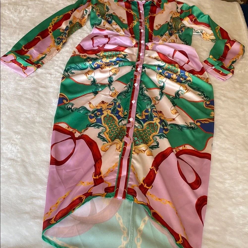 NWOT HER BOTTARI Vibrant Patterned Button-Up Shirt Dress Scarf Print Size L - Picture 5 of 16